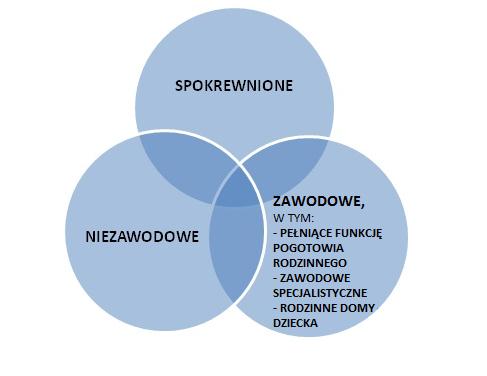 Podział rodzin zastępczych, tj. spokrewnione, zawodowe, niezawodowe